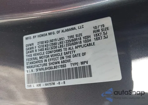 2020 Honda Odyssey Ex z USA, uszkodzony, nr VIN 5FNRL6H56LB017893
